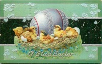 Ретро открытки - Цыплята в гнезде и серебряное пасхальное яйцо