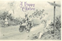 Ретро открытки - Кролик и младенцы в фантастическом автомобиле