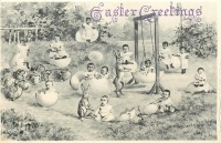 Ретро открытки - Счастливой Пасхи. Кролик и младенцы на качелях