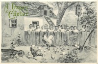 Ретро открытки - Счастливой Пасхи. Дети у изгороди и куры с цыплятами
