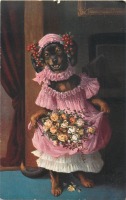 Ретро открытки - Цветочница в розовом платье и букет роз