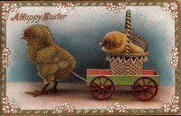 Ретро открытки - Пасхальные цыплята и корзина в тележке. Бисер