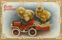 Ретро открытки - Два цыплёнка и игрушечный автомобиль