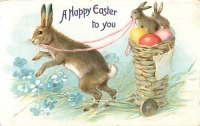 Ретро открытки - Счастливой Пасхи. Кролик, крольчата и пасхальная корзина