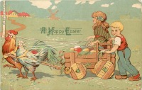 Ретро открытки - Счастливой Пасхи. Дети,куры и пасхальные яйца в тележке