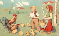 Ретро открытки - Весёлые музыканты. Дети, куры с цыплятами и пасхальная песня