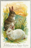 Ретро открытки - Пасхальные приветствия. Два кролика на фоне заката