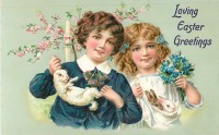 Ретро открытки - Счастливой Пасхи. Дети, кролики и весенние цветы
