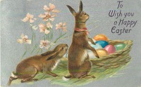Ретро открытки - Счастливой Пасхи. Кролики, пасхальная корзина и розовые цветы