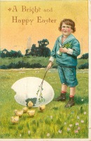 Ретро открытки - Мальчик в матросском костюме, цыплята и фантастическое пасхальное яйцо