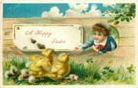 Ретро открытки - Мальчик у изгороди, цыплята с веткой вербы и счастливый клевер