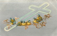 Ретро открытки - Лазоревки на ветке ежевики и пасхальный крест.