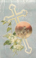 Ретро открытки - Ветка белой сирени, крест и сюжет в медальоне