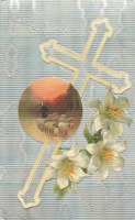 Ретро открытки - Три белые лилии, крест и сюжет в медальоне