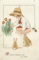 Ретро открытки - Пасхальная радость. Девочка, розовые тюльпаны и кролик