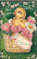 Ретро открытки - Пасхальный цыплёнок, хризантемы и ромашки в корзине