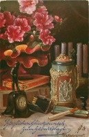 Ретро открытки - Натюрморт с часами, кружкой и азалиями в вазе