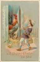 Ретро открытки - Счастливой Пасхи. Испуганный мальчик и большой петушок с цыплятами