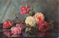 Ретро открытки - Букет розовых и жёлтых роз на столе