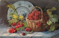 Ретро открытки - Корзина вишен и декоративная тарелка на столе