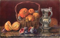 Ретро открытки - Апельсины в корзине,инжир и серебряный кофейник