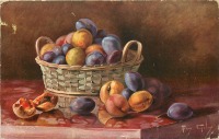 Ретро открытки - Сливы и персики в корзине