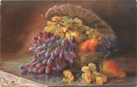 Ретро открытки - Виноград и груши в корзине