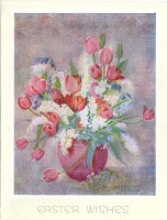 Ретро открытки - Розовые тюльпаны, белые гиацинты и голубые колокольчики в вазе