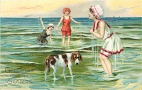 Ретро открытки - Три девочки у берега и собака