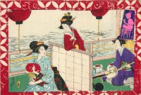 Ретро открытки - Три гейши и девушка-сямисен с музыкальным инструментом
