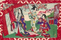 Ретро открытки - Гейши на прогулке и цветущая сакура в пейзаже