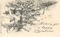 Ретро открытки - Ангел срубает рождественскую ёлку в лесу
