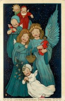 Ретро открытки - Рождественские ангелы, ёлка с огнями и куклы