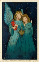 Ретро открытки - Два ангела, кукла и корзина с подарками