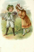 Ретро открытки - Дети с букетами фиалок
