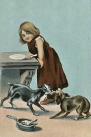 Ретро открытки - Девочка на кухне и две собаки с косточкой