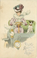 Ретро открытки - Леди в розовом и собака за рулём автомобиля