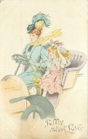 Ретро открытки - Леди в голубом и девочка в автомобиле