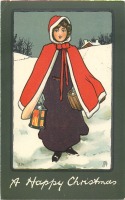 Ретро открытки - С Рождеством. Девушка с фонарём и корзиной