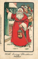 Ретро открытки - Санта Клаус с игрушками у порога дома