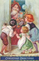 Ретро открытки - Дети и Санта Клаус в дверях с игрушками