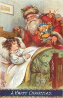 Ретро открытки - Спящий ребёнок и Санта Клаус с подарками