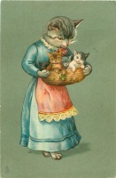 Ретро открытки - Кошка с котятами в корзинке и клевер