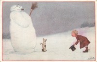 Ретро открытки - Мальчик с собакой и снеговик с сигарой
