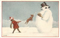Ретро открытки - Девочка, французский бульдог и снеговик с шампанским