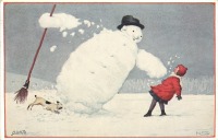 Ретро открытки - Девочка с собакой и падающий снеговик