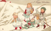 Ретро открытки - С Рождеством и Новым Годом. Дети и кукла в санках