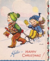 Ретро открытки - С Рождеством. Дети на санках