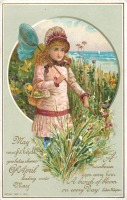 Ретро открытки - Девочка в розовом платье и букет луговых цветов