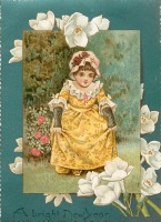 Ретро открытки - Девочка в жёлтом платье и розовый куст